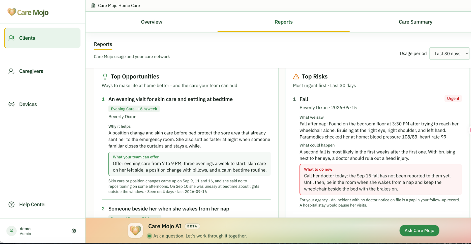 Care Mojo provider portal showing top care opportunities and top risks for a client