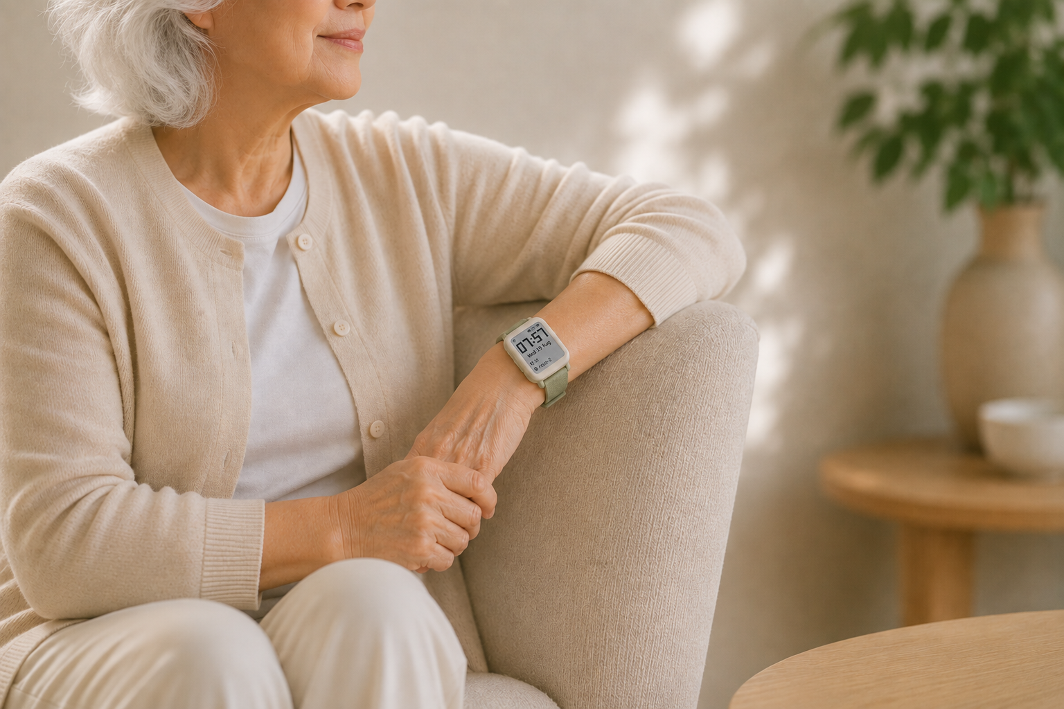 Older adult wearing a Mojo Pod on a sage Mojo Band, sitting peacefully at home