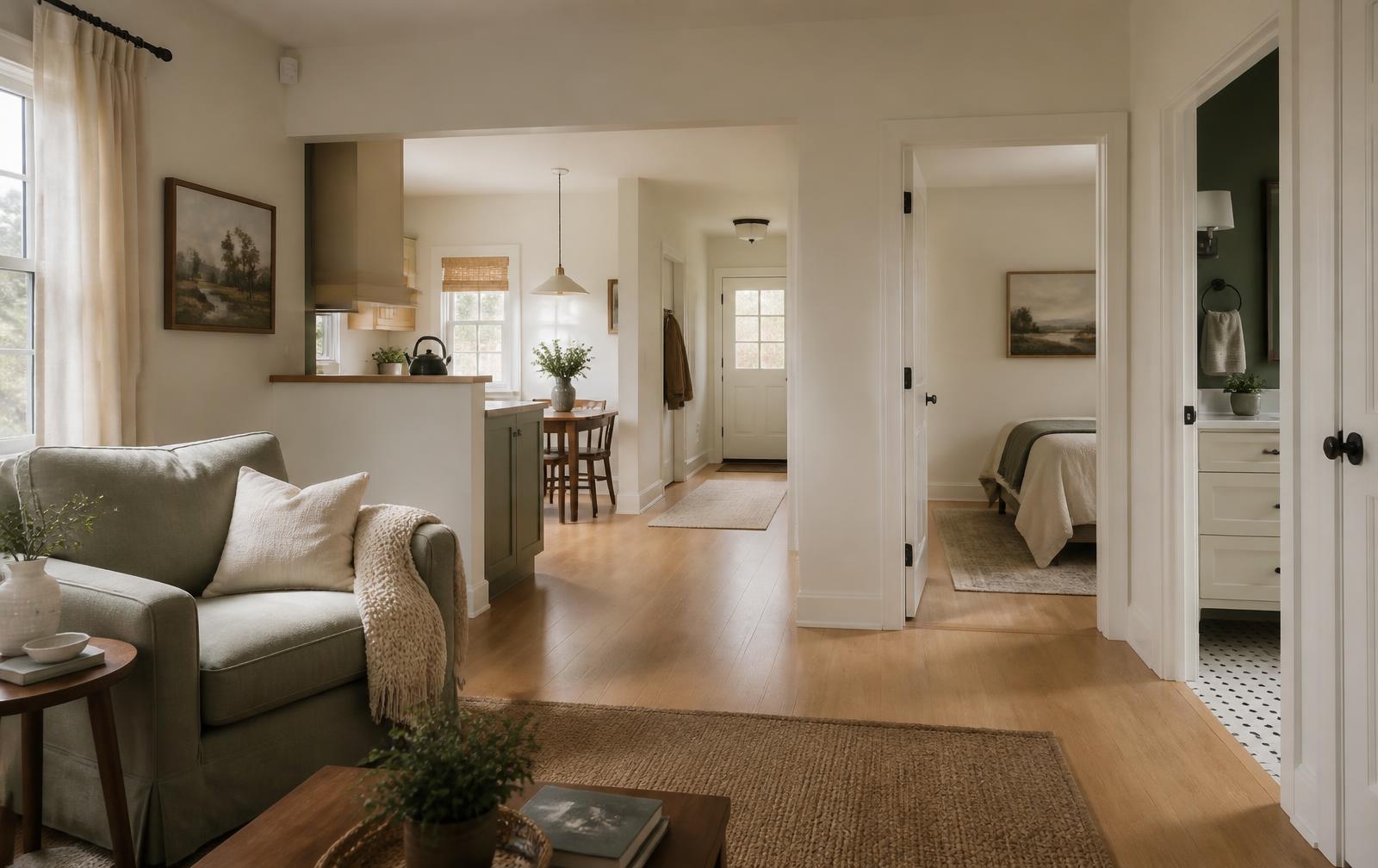 View across an older adult's home showing the living room, kitchen, hallway, bedroom and bathroom where Care Mojo watches for risks
