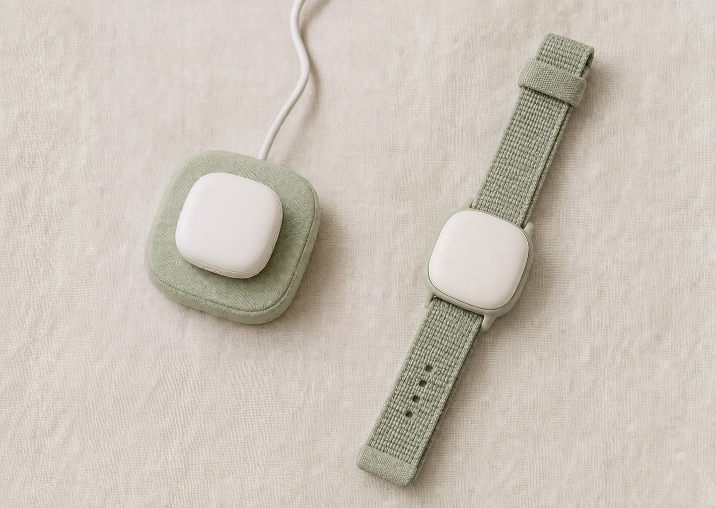 Mojo Pod on its sage charging dock next to a Mojo Pod clipped into a sage fabric Band