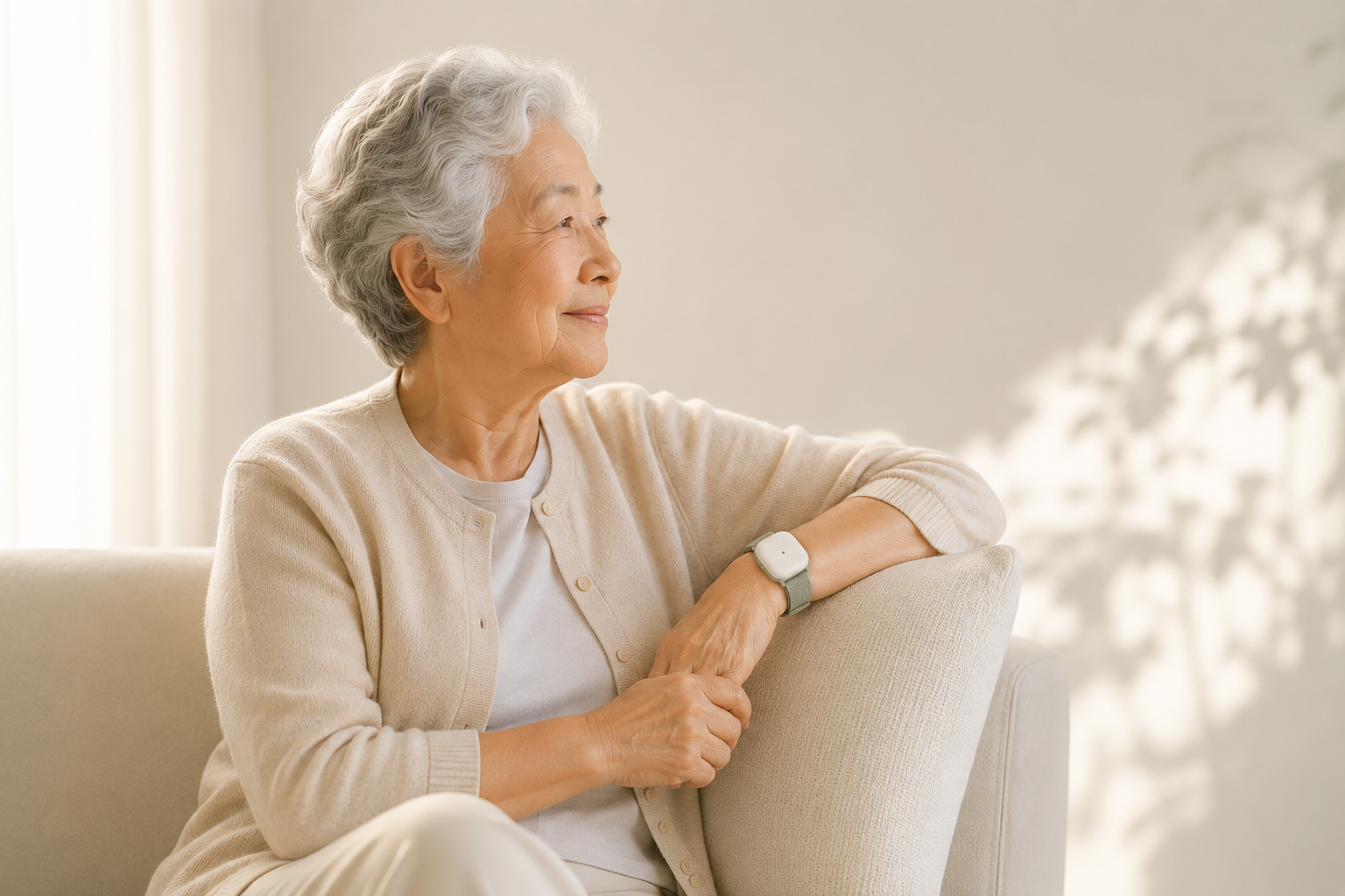 Older adult wearing a Mojo Pod on a sage Mojo Band, sitting peacefully at home