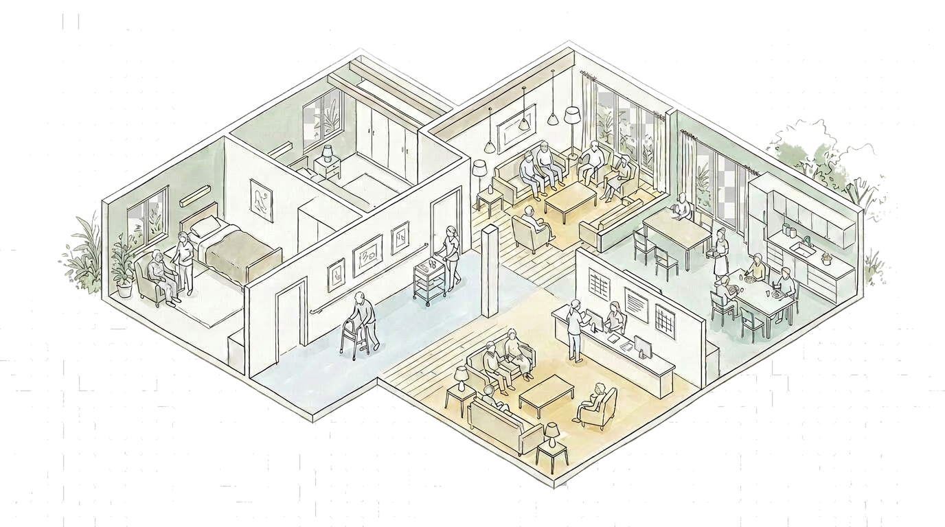 Illustration of a home where Care Mojo supports dementia care across rooms