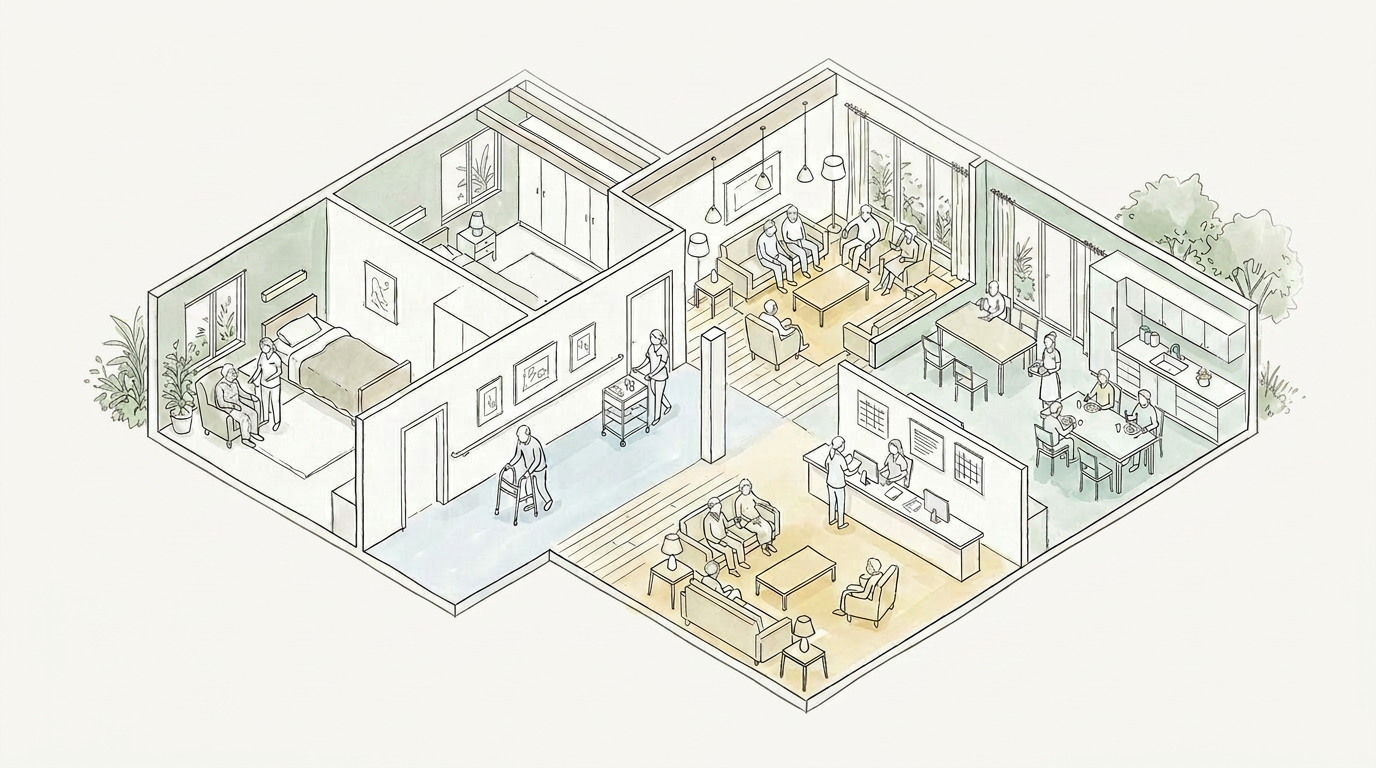Bird's-eye view of a long-term care facility with daily operations